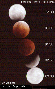 Durante un eclipse de luna, nuestro satélite adquiere un color rojizo muy característico debido a la luz que le anvía la Tierra. Tomada de www.abmedia.com/astro/planets
