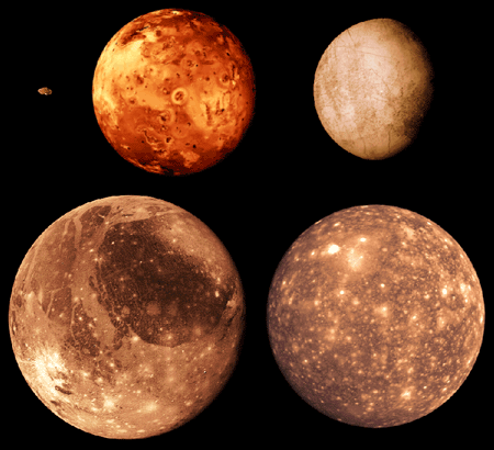 Los cuatro satélites mayores de Júpiter son llamados galileanos, en honor a Galileo, su descubridor. Tomada de www.solarviews.com