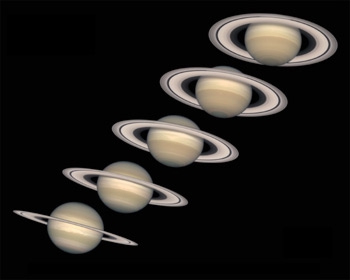Montaje de imgenes tomadas por el Hubble en las que se ve como vara el aspecto de Saturno visto desde la Tierra. Tomada de hubble.stsci.edu