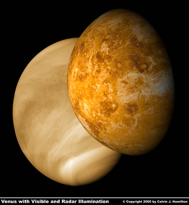 Venus con su aspecto normal, cubierto de nubes, y el aspecto despejado que nos mostr el radar de la sonda Galileo. Tomada de www.solarviews.com