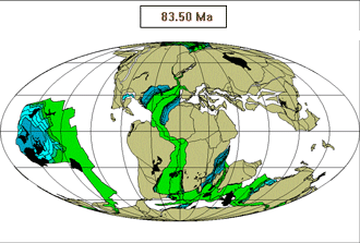 Recosntrucción de la posición de las masas continentales para hace 83.5 m.a.