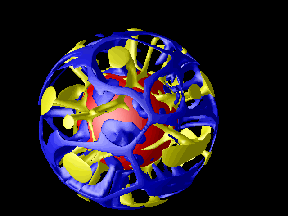 Modelo que muesta una convección deducida de los datos de tomografía sísmica. Las corrientes ascendentes (en forma de plumas) vienen reflejadas en amarillo, y las descendentes en azul. las primeras parten del contacto con en Núcleo externo (en rojo) y las segundas descienden hasta él.