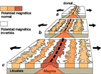 El origen de bandeado magnético en los fondos oceánicos está en la combinación de la expansión del fondo oceánico y las inversiones del campo magnético terrestre (Cortesía del USGS)