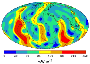 Flujo térmico en la superficie terrestre. Las zonas de dorsal tienen un flujo más elevado que las zonas continentales.