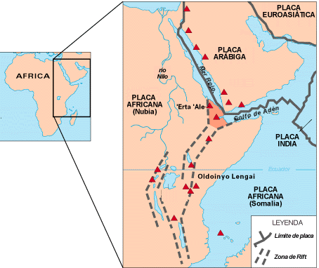 Valle del Rift. Actualmente tiene lugar el inicio de la separación de la placa Africana en otras 2 (Nubia y Somalia). Los triángulos rojos indican edificios volcánicos (Cortesía USGS).