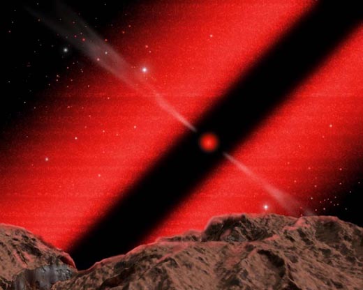 Imagen artstica de un agujero negro visto desde un hipottico planeta prximo.