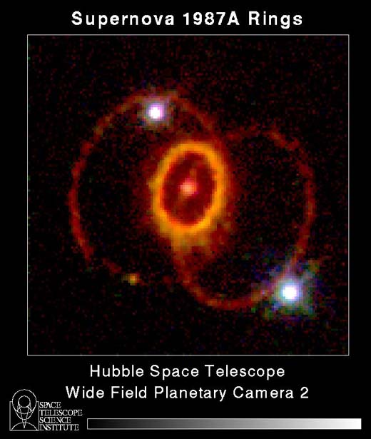 La imagen muestra una supernova descubierta en el ao 1987 alrededor de la cual se ven dos anilos formados a partir de la materia expulsada en la explosin.