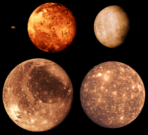 Fotomontaje de los cuatro satélites galileanos, Io, Europa, Ganímedes y Calisto.