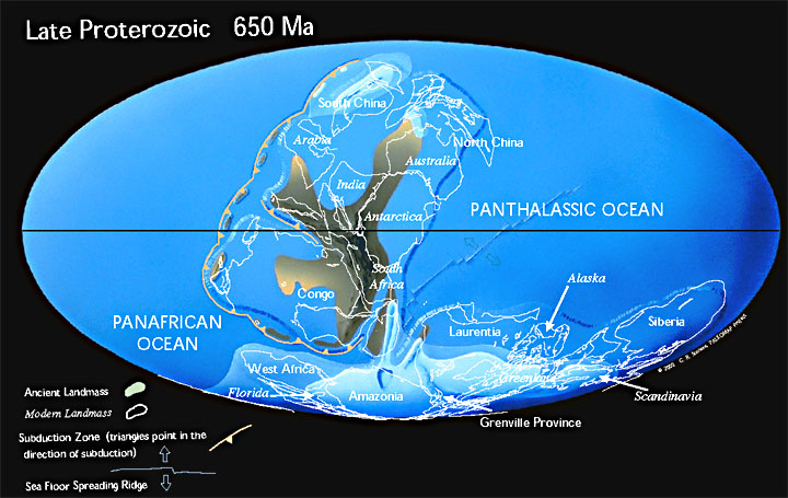 El gran supercontinente del final del Proterozoico y su casquete glaciar. Tomada de Plate tectonic maps and Continental drift animations by C. R. Scotese, PALEOMAP Project (www.scotese.com)"