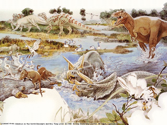 "Imagen artstica del Cretcico, con los ltimos grandes dinosaurios, el Tyranosaurio y el Triceratops, junto con mamferos y plantas con flores y frutos. Tomada de www.grinpach.cl"