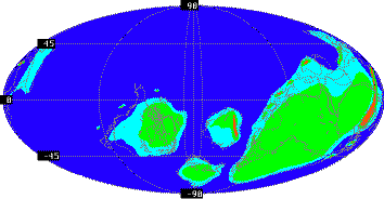 "Aspecto de la superficie terrestre hacia el final del Proterozoico, con las masas continentales acercándose para formar la Pangea I. Tomada de www.ucmp.berkeley.edu"