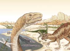  "Paisaje triásico, yermo todavía, con los primeros dinosaurios. Tomada de www.ciudadfutura.com/dinosaurios (Manuel Gómez Salazar)"