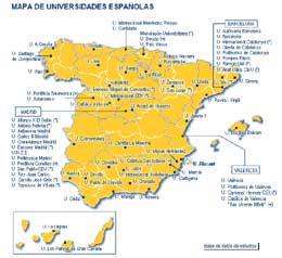 Mapa de Espaa con la situacin de las Universidades espaolas.